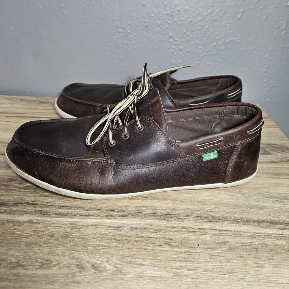 Sanuk Boat Shoes Brown Leather Men's US 14 Coastal Preppy Comfort Normcore